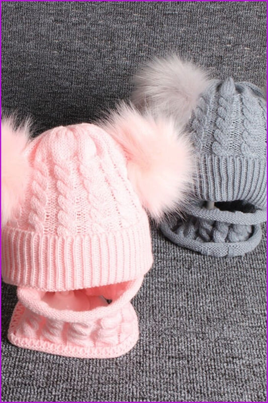 Faux Raccoon Fur Double Pompom Hat Scarf Set - Furdela