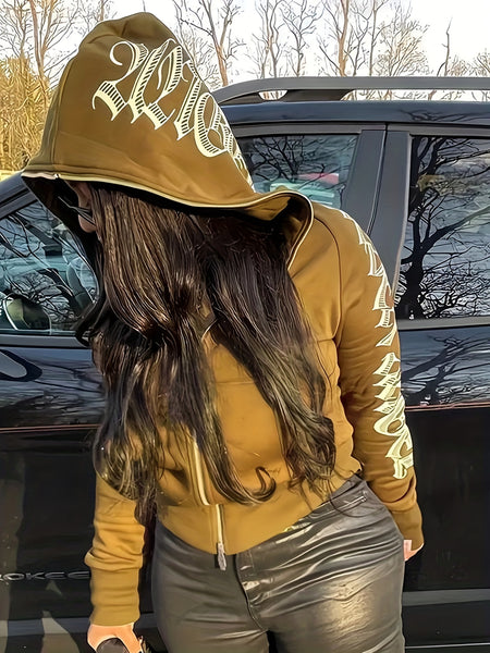 Letter Print Long Sleeve Zip Up Hoodies RG2041 Furdela