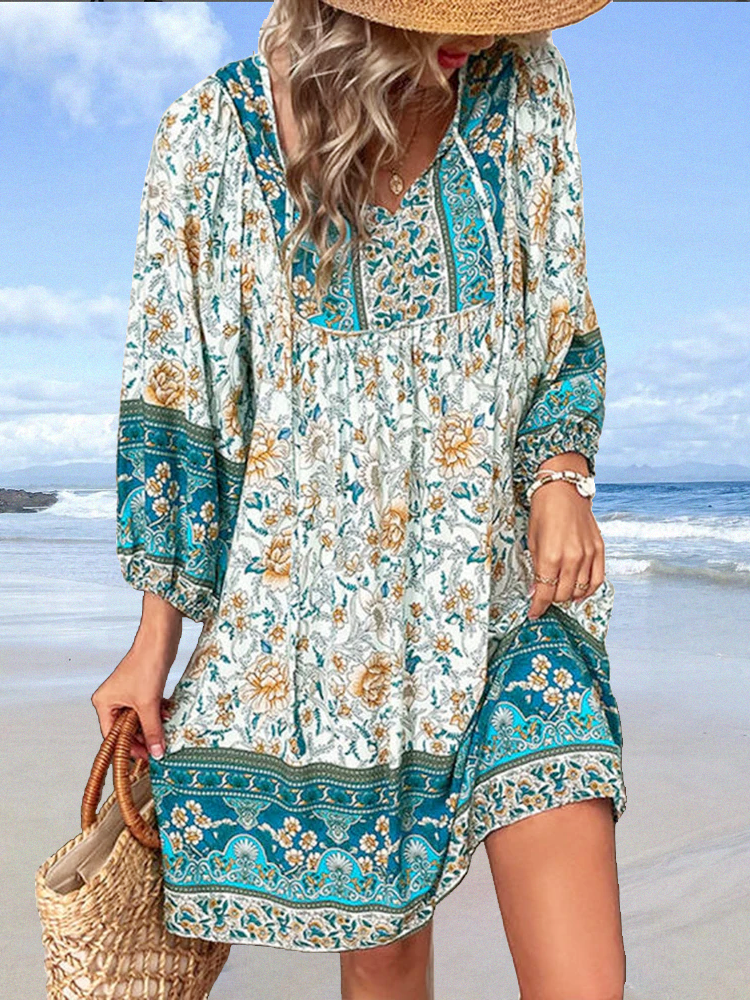 V Neck Floral Vacation 3/4 Sleeve Woven Dress MMr31