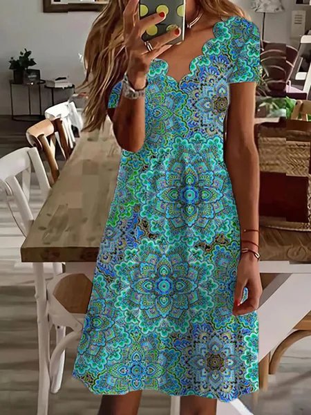 Women's Paisley V Neck Loosen Short Sleeve Knit Dress AT10085