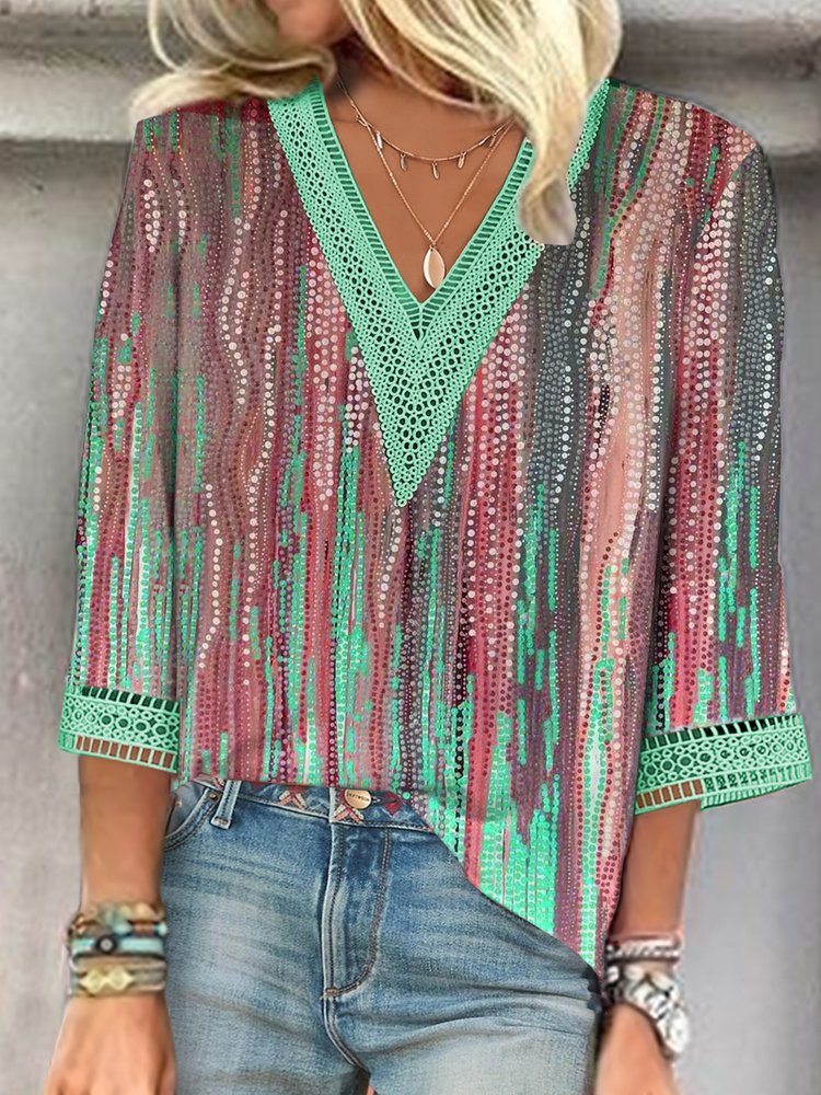 V Neck Ombre Casual Lace Shirt  mm265