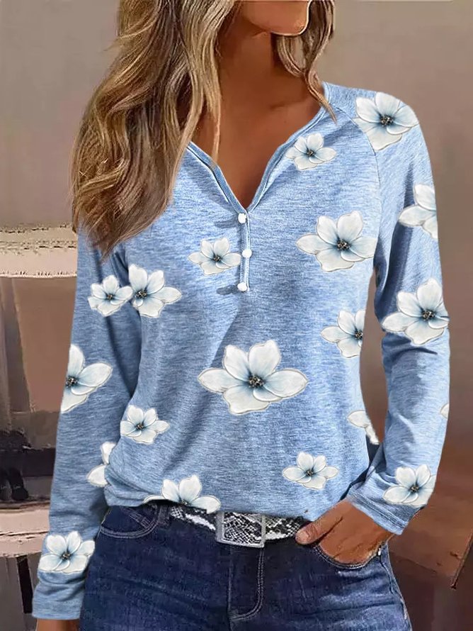 V Neck Floral Loose T-Shirt  QV108