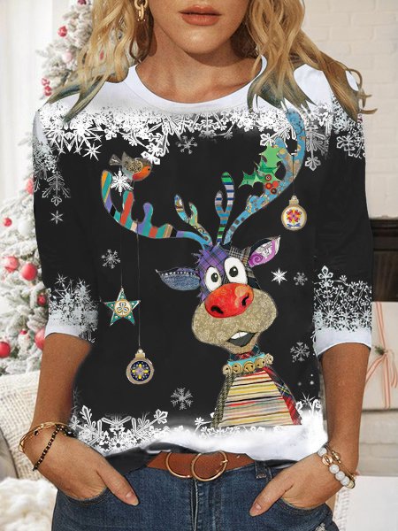 Women's Red Sweatshirt Christmas Reindeer Printed PJ25