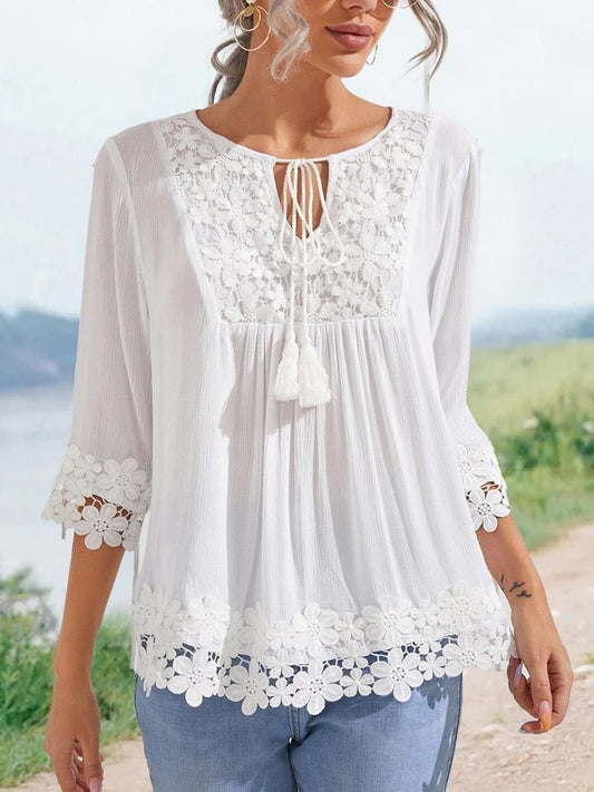 Contrast Guipure Lace Tie Neck Tassel Blouse OY4