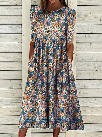 Women's Loosen Casual Floral Short Sleeve Woven Dress AT10045