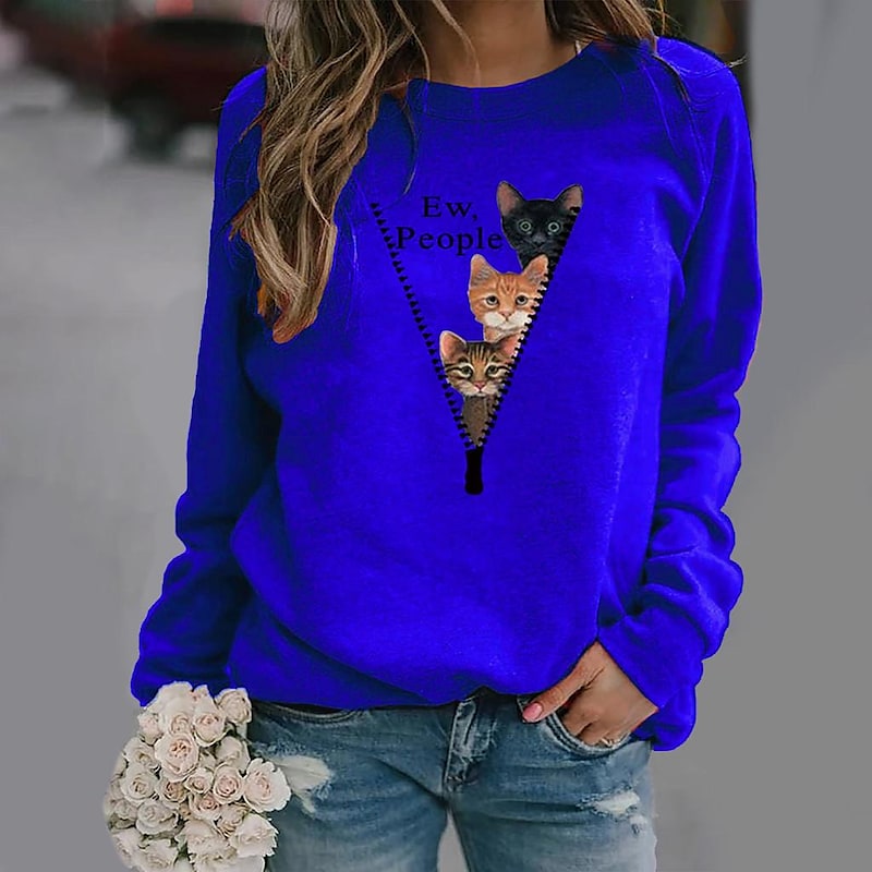 Women's Sweatshirt Pullover Basic Green Blue Purple Cat Street Round Neck Long Sleeve S M L XL 2XL 3XL PC100