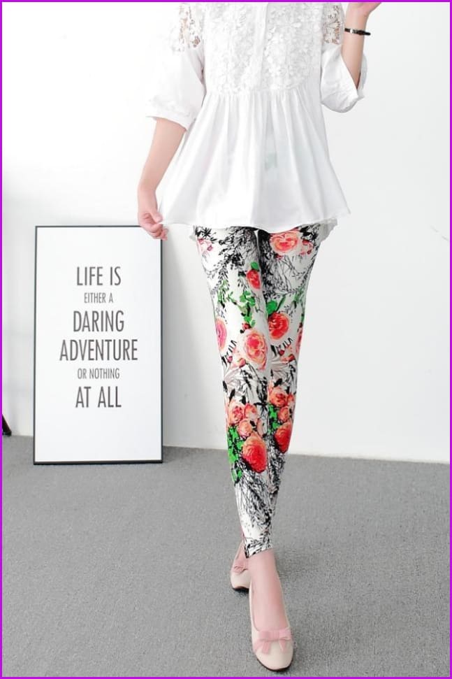 Flowers Printed Ankle-Length Elasticity Pant DE109 - Furdela