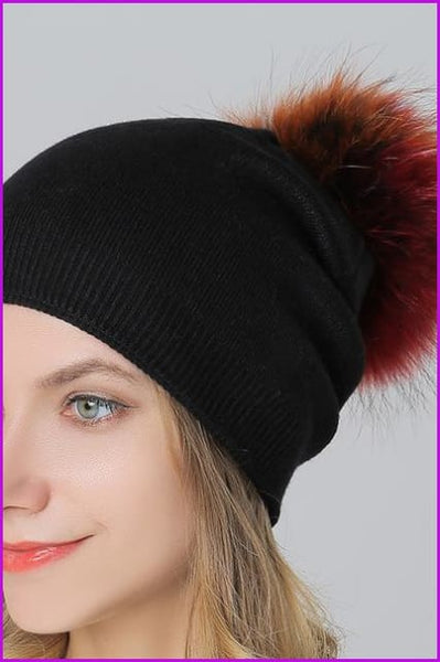 Fox Fur Pompom Mix Colors Cap - Furdela