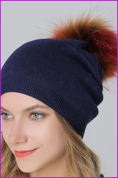 Fox Fur Pompom Mix Colors Cap - Furdela