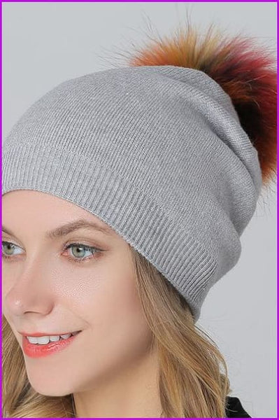 Fox Fur Pompom Mix Colors Cap - Furdela