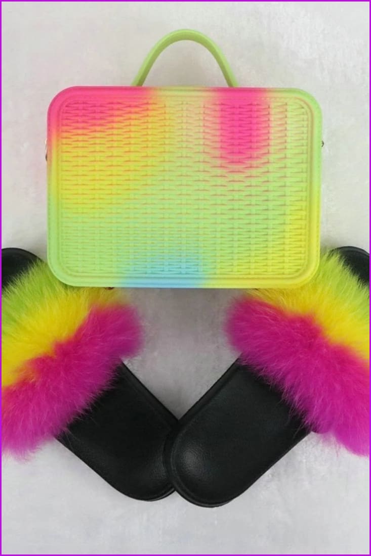 Fur Slides with Matching Jelly Purses Bag Rainbow Fluffy Slides F738 - Furdela