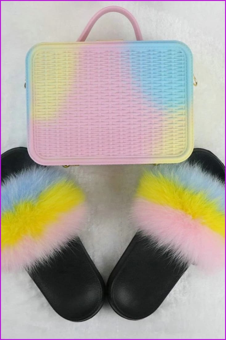 Fur Slides with Matching Jelly Purses Bag Rainbow Fluffy Slides F738 - Furdela