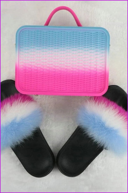 Fur Slides with Matching Jelly Purses Bag Rainbow Fluffy Slides F738 - Furdela