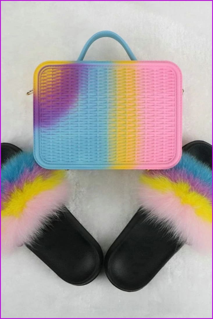 Fur Slides with Matching Jelly Purses Bag Rainbow Fluffy Slides F738 - Furdela