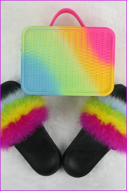 Fur Slides with Matching Jelly Purses Bag Rainbow Fluffy Slides F738 - Furdela