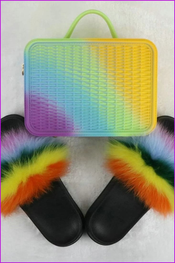 Fur Slides with Matching Jelly Purses Bag Rainbow Fluffy Slides F738 - Furdela