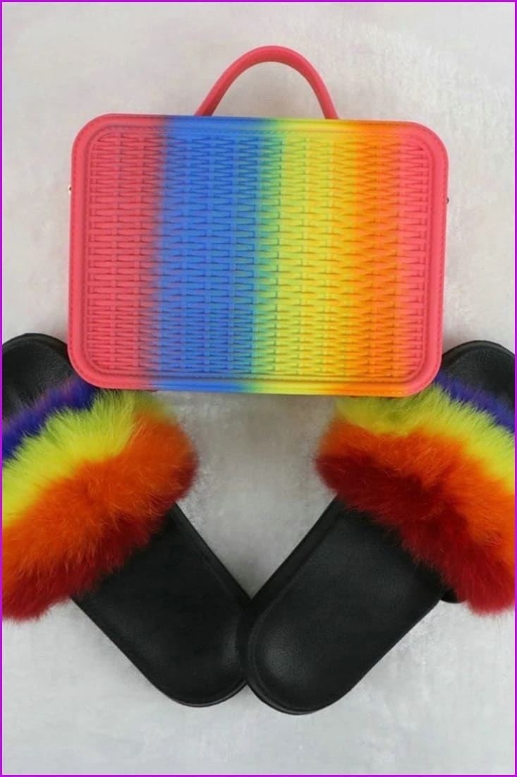 Fur Slides with Matching Jelly Purses Bag Rainbow Fluffy Slides F738 - Furdela