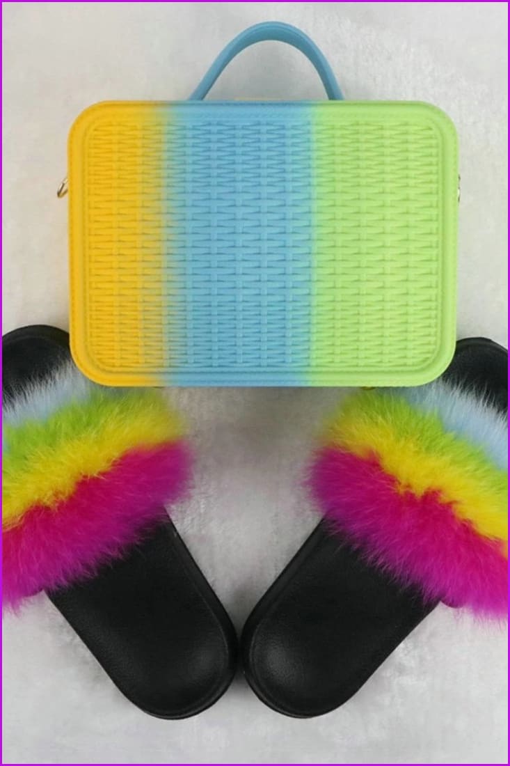 Fur Slides with Matching Jelly Purses Bag Rainbow Fluffy Slides F738 - Furdela