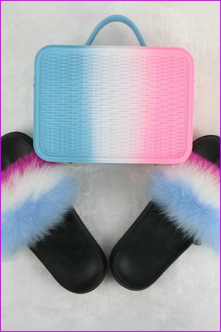 Fur Slides with Matching Jelly Purses Bag Rainbow Fluffy Slides F738 - Furdela