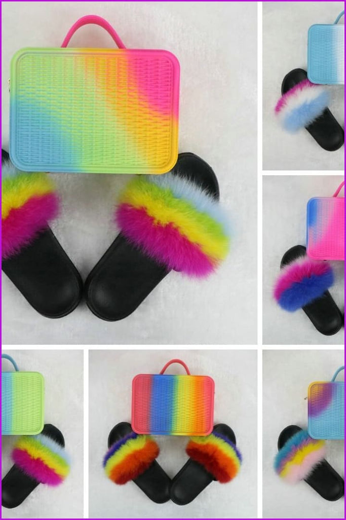 Fur Slides with Matching Jelly Purses Bag Rainbow Fluffy Slides F738 - Furdela