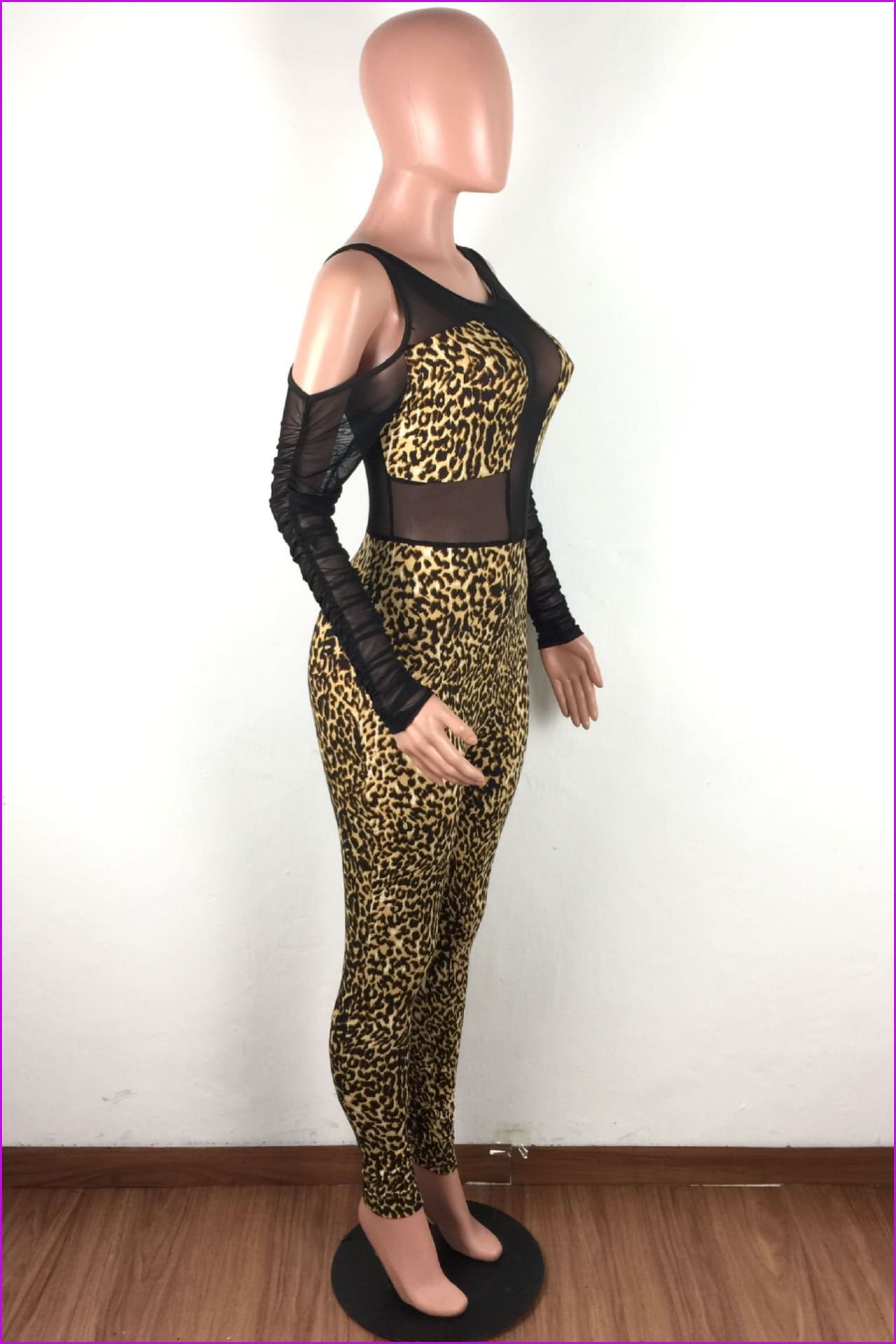 Gauze Patchwork Leopard Print Long Sleeve JumpsuitDE972 - Furdela