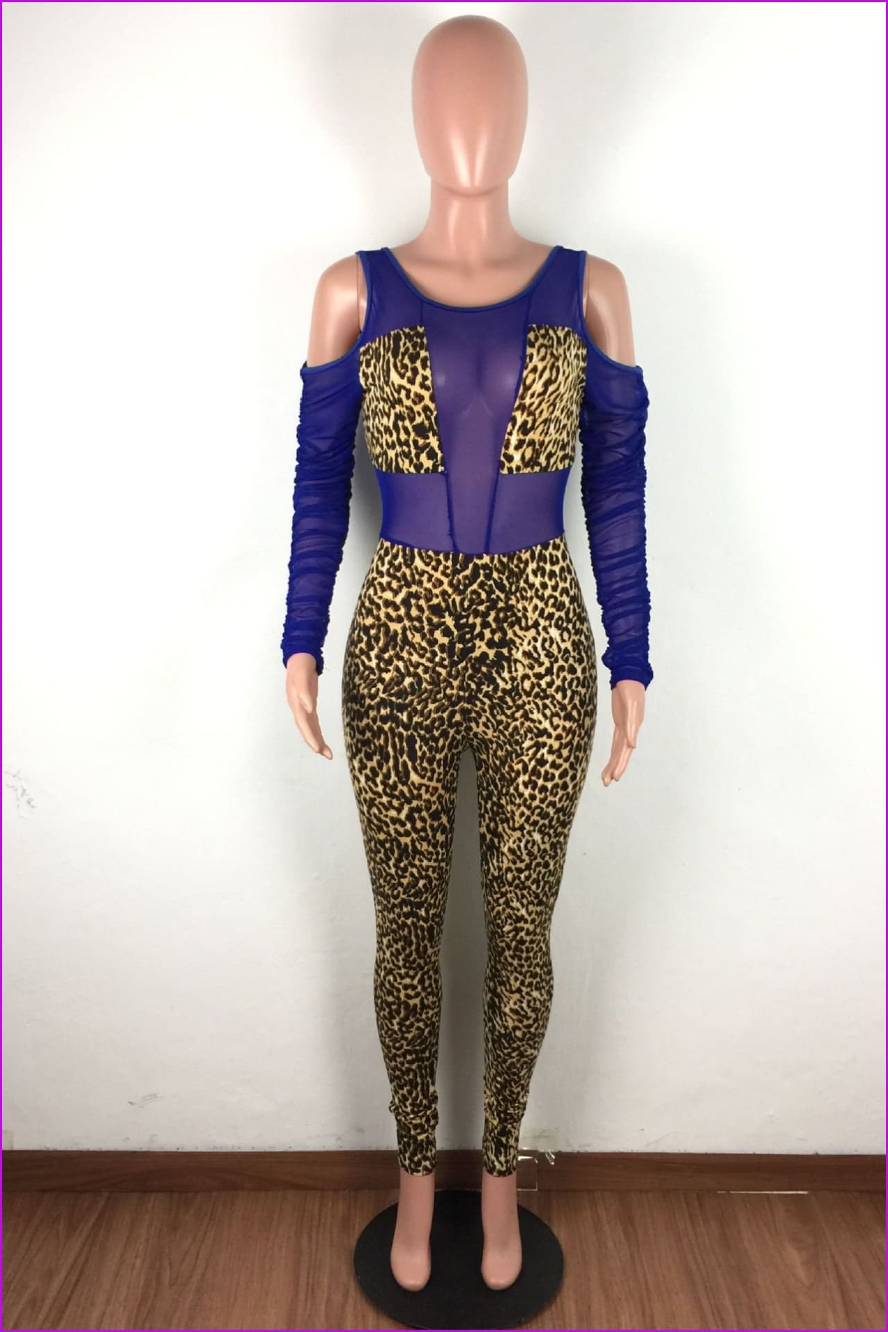 Gauze Patchwork Leopard Print Long Sleeve JumpsuitDE972 - Furdela