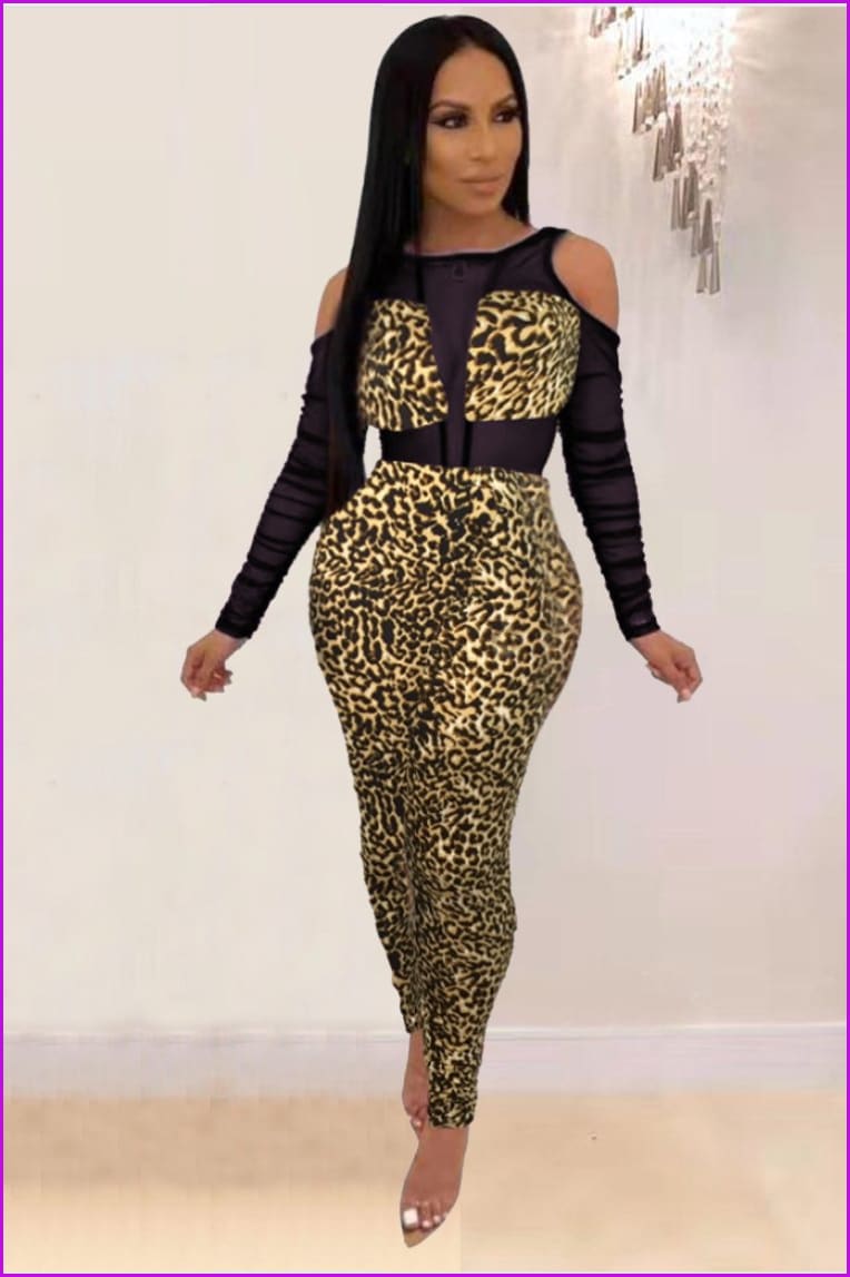 Gauze Patchwork Leopard Print Long Sleeve JumpsuitDE972 - Furdela