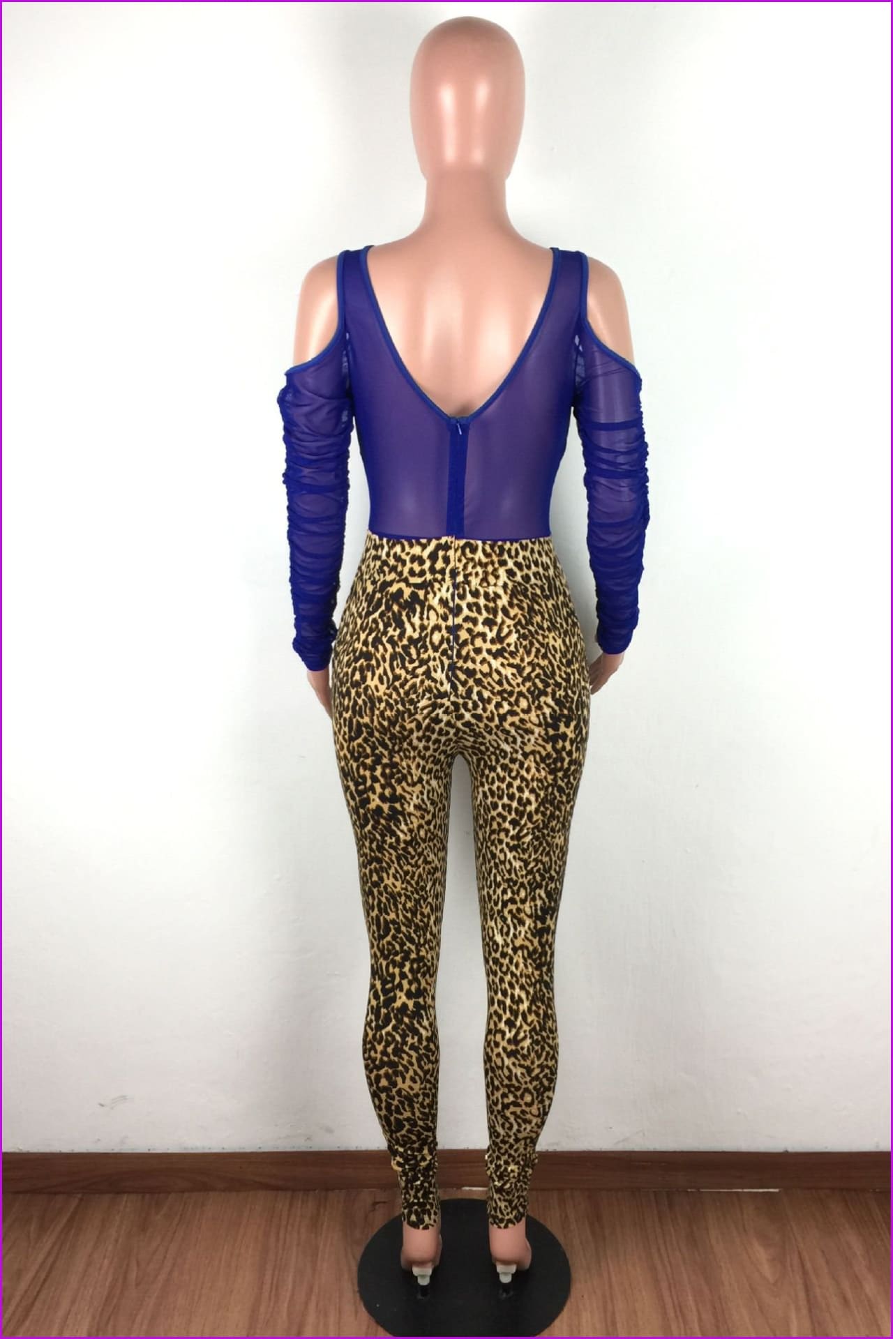 Gauze Patchwork Leopard Print Long Sleeve JumpsuitDE972 - Furdela