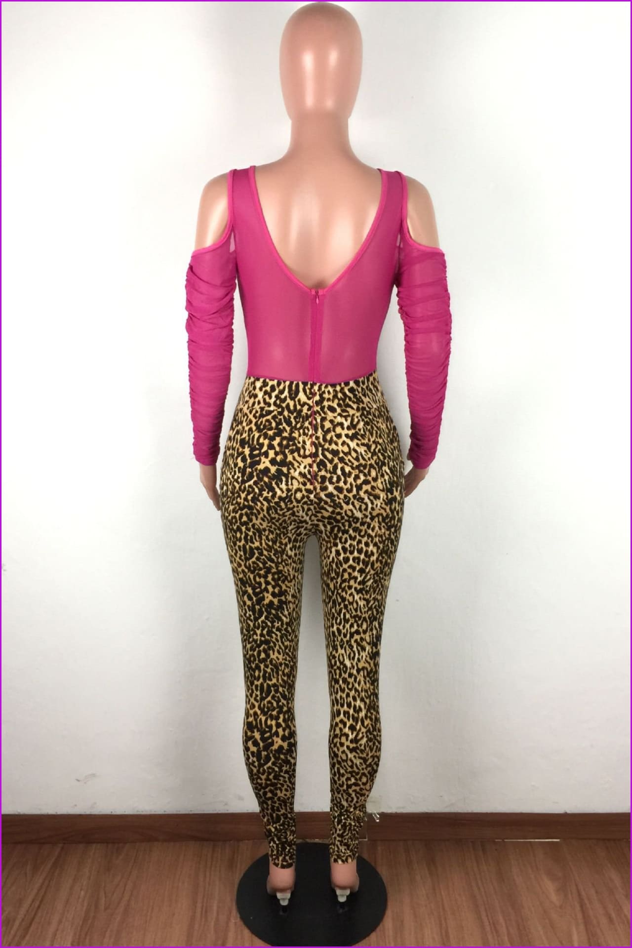 Gauze Patchwork Leopard Print Long Sleeve JumpsuitDE972 - Furdela