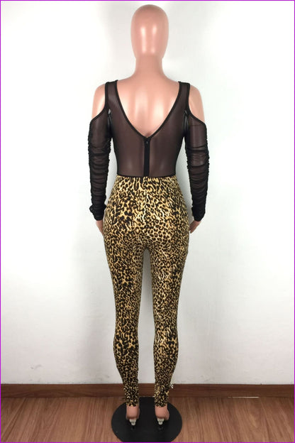 Gauze Patchwork Leopard Print Long Sleeve JumpsuitDE972 - Furdela