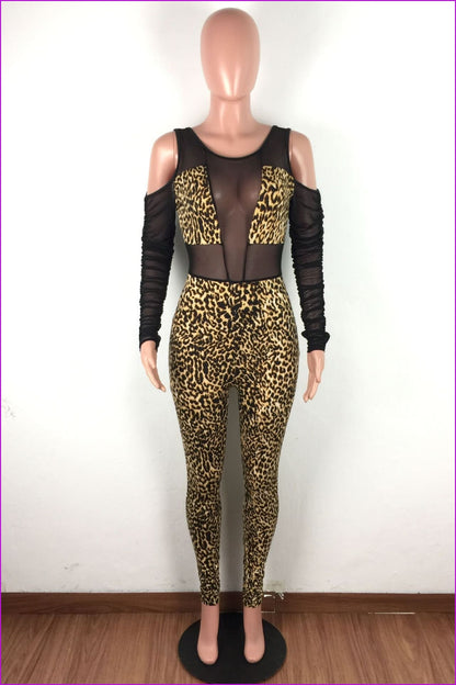 Gauze Patchwork Leopard Print Long Sleeve JumpsuitDE972 - Furdela