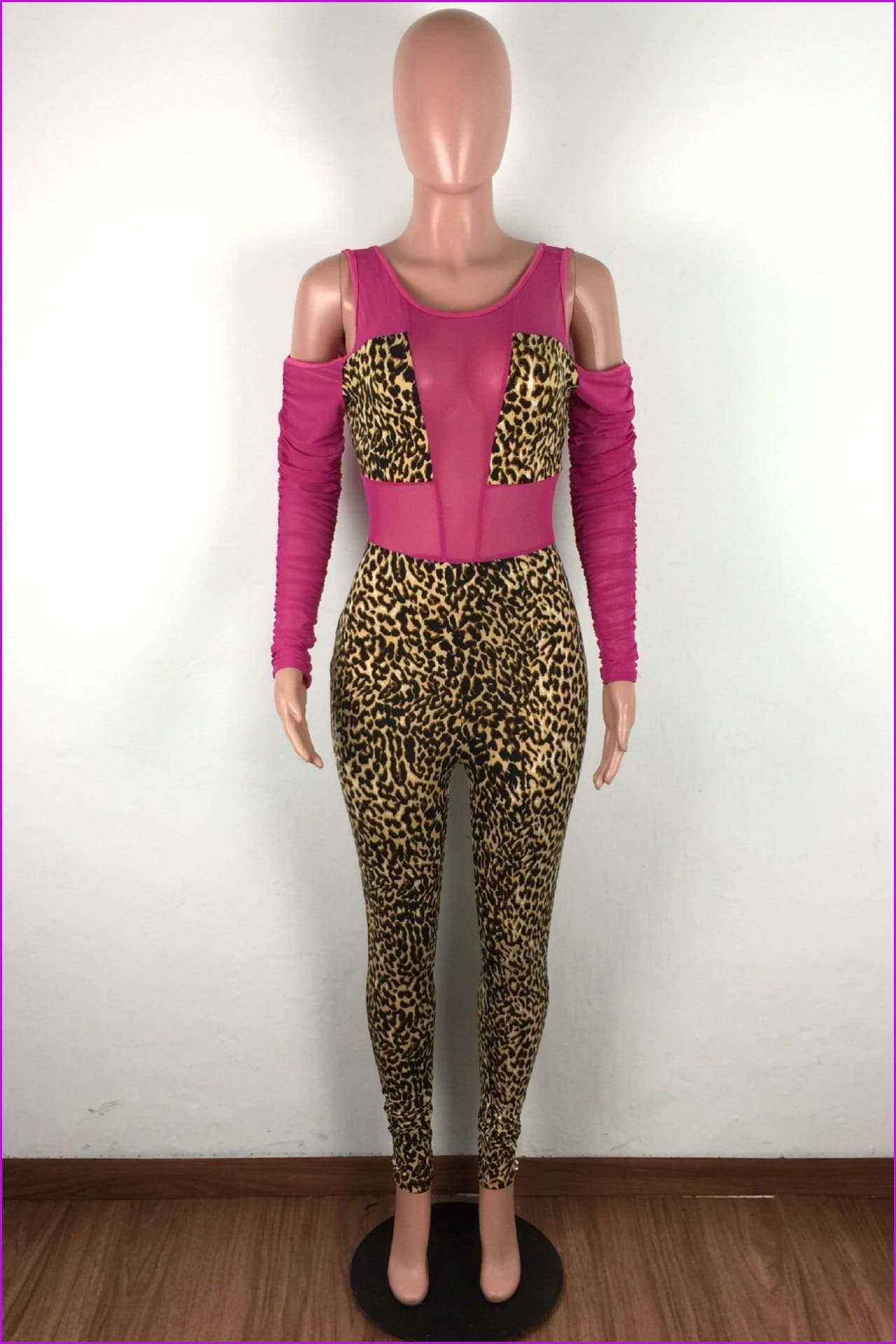 Gauze Patchwork Leopard Print Long Sleeve JumpsuitDE972 - Furdela