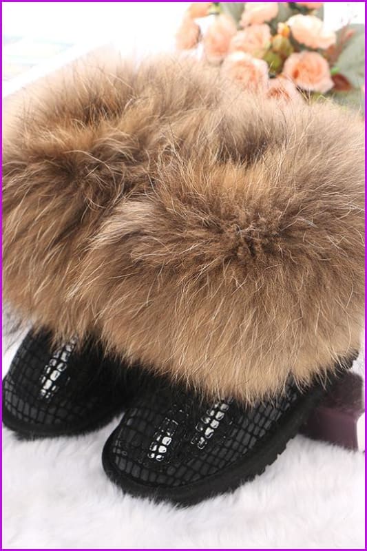 Genuine Leather Raccoon Fur Snow Boots F187 - Furdela