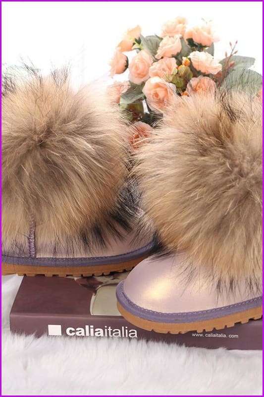 Genuine Leather Raccoon Fur Snow Boots F187 - Furdela