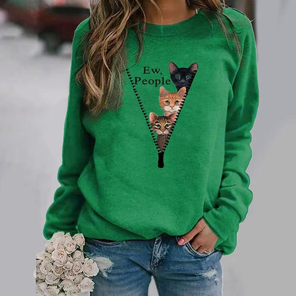 Women's Sweatshirt Pullover Basic Green Blue Purple Cat Street Round Neck Long Sleeve S M L XL 2XL 3XL PC100