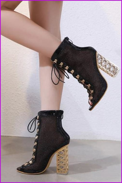 Golden Bling Gladiator Lace-Up High Heels Sandals Boots DE267 - Furdela