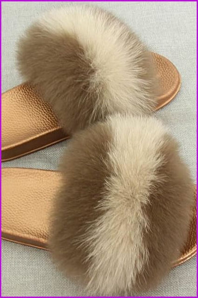 Golden PVC Sole Fox Fur Slides F007 Page 1 - Furdela