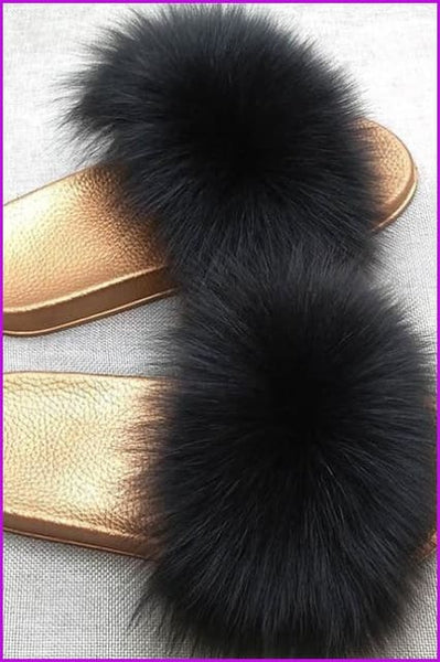 Golden PVC Sole Fox Fur Slides F007 Page 1 - Furdela