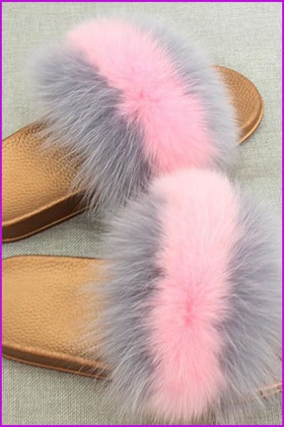Golden PVC Sole Fox Fur Slides F007 Page 1 - Furdela