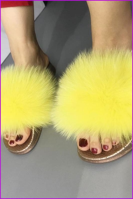 Golden PVC Sole Fox Fur Slides F007 - Furdela