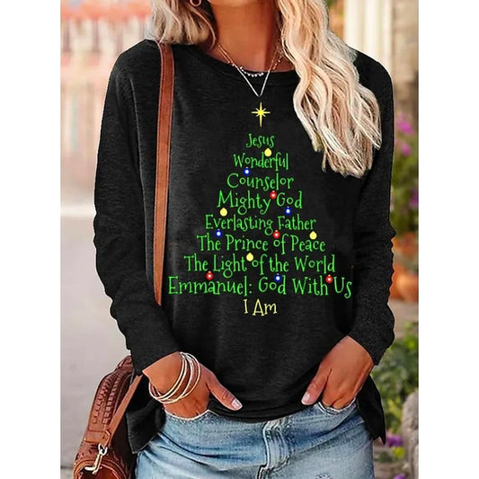 Women's T shirt Tee Black Christmas Tree Text Print Long Sleeve Christmas Weekend Basic Round Neck Regular Painting S F3820