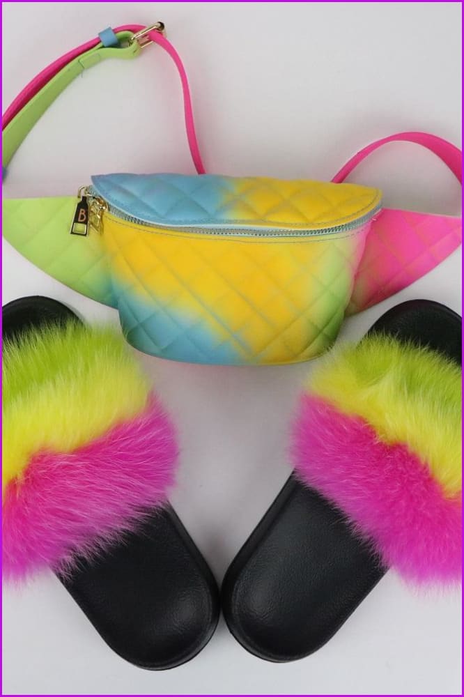 Green Yellow Pink Fur Slides & Waist Bag Set #1 F952 - Furdela