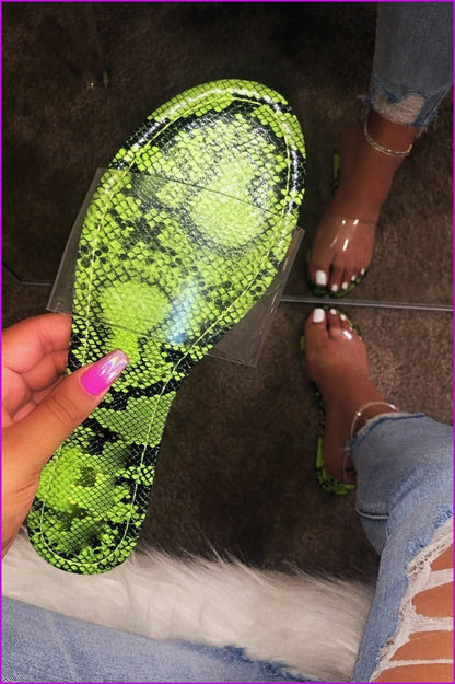 Green/Hot Pink/Black/Orange Snake Pattern Flat Sandals F168 - Furdela