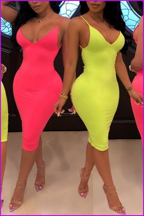 Green/Pink Sleeveless Bodycon Strap Dress F059 - Furdela