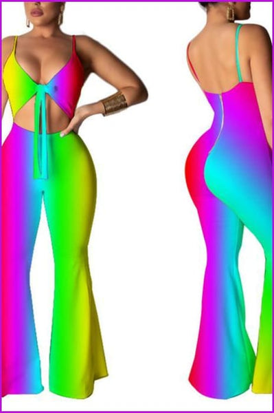 Green/Red/Blue Gradient Color Loose Pants Jumpsuit F094 - Furdela