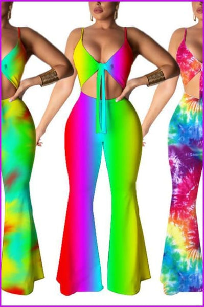 Green/Red/Blue Gradient Color Loose Pants Jumpsuit F094 - Furdela