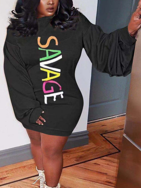 Pattern Print Letter Long Sleeve Mini Dress AR8040