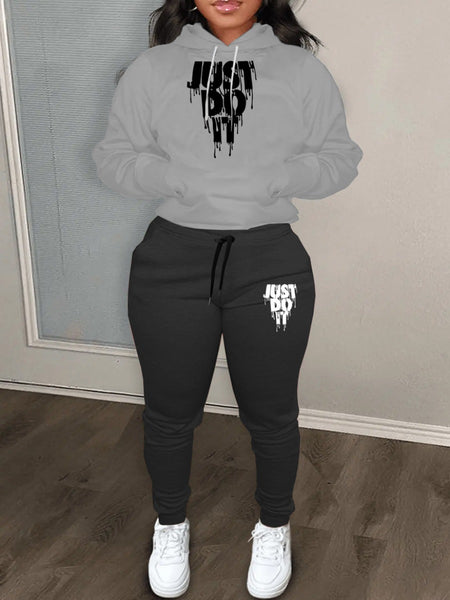 Plus Size Just Do It Letter Print Kangaroo Pocket Tracksuit Set AR802