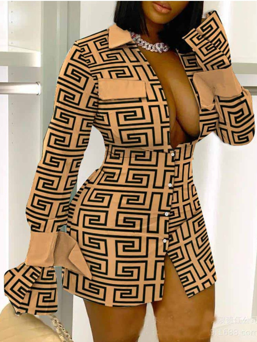 Geometric Print Pocket Design Shirt Dress AR803