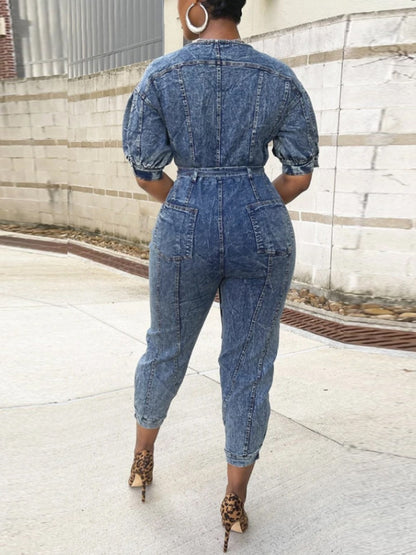 Zipper Bandage Design Denim Jumpsuit AT9058